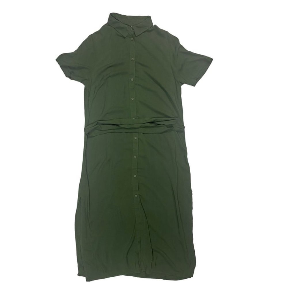 H&M Divided Midi Shirt Dress Dark Green Sz. M Waist Tie Short Sleeve